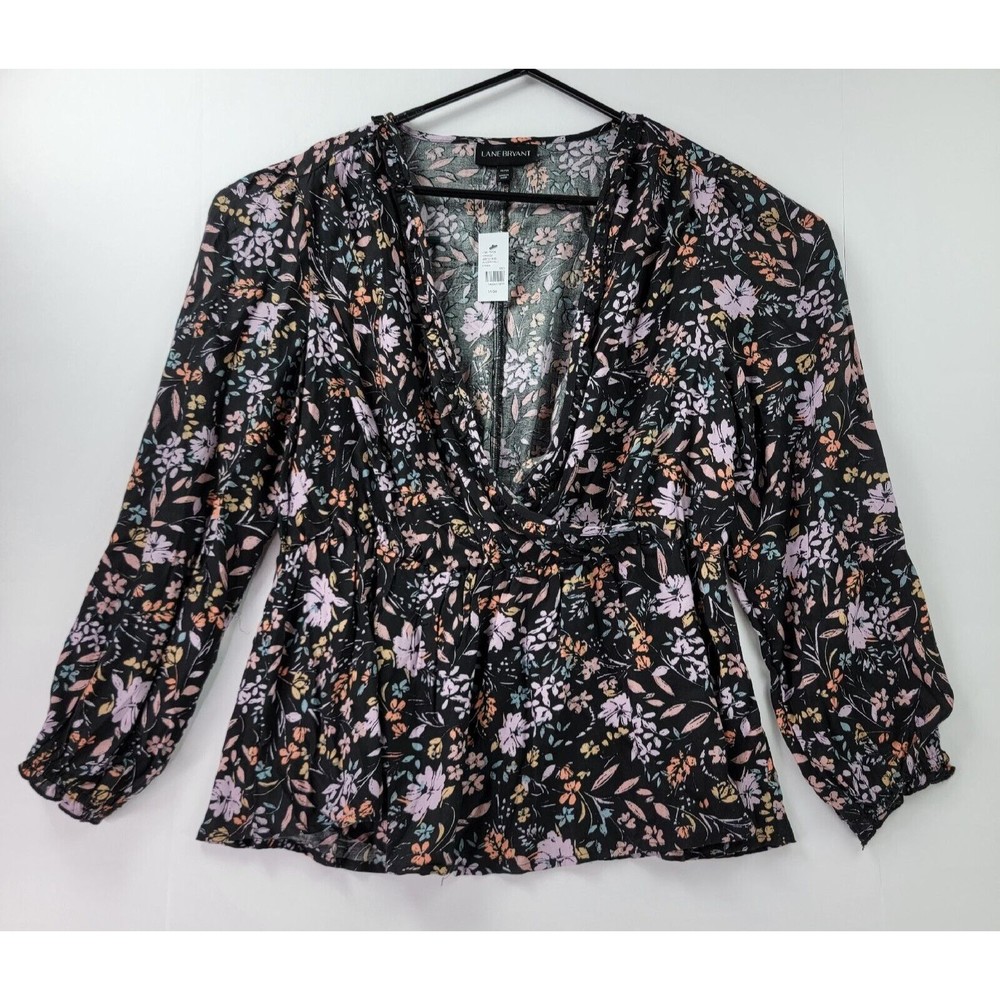 Lane Bryant Blouse 14/16 Ruffle Surplice Peplum Black Floral Print Long Sleeve